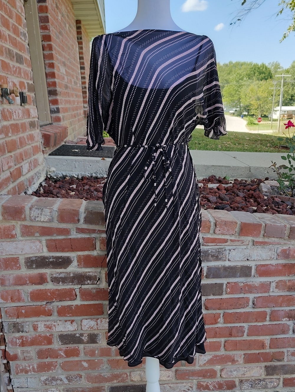 Vintage Express Silk Split Sleeve Drape Neck Ruffle Midi Dress Size 13/14 Fairy